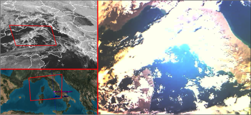 UniSat6 Image adquisition of Italy (right), compared to a meteosat picture simultaneously (top left) and satellite position during picture adquisition (low left).