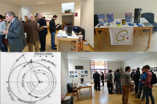 Attendees at the ”Spaceflight Dynamics and Control” Workshop, GAUSS stand and a drawing of Crocco mission.