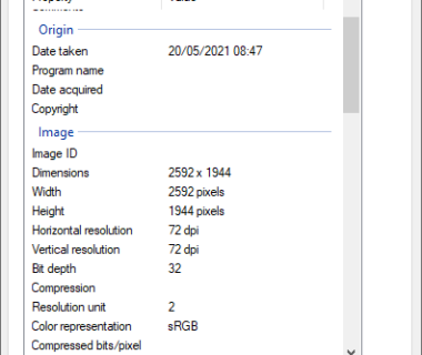 Properties of the first image downloaded from the OPT1 Camera System