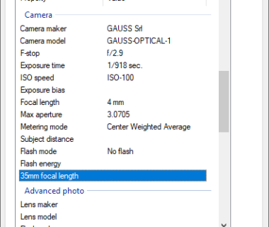 EXIF Properties of the first image downloaded from the OPT1 Camera System