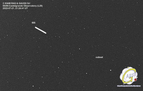 Image of the International Space Station passing over CastelGAUSS Observatory and thetrace of a CubeSat just released